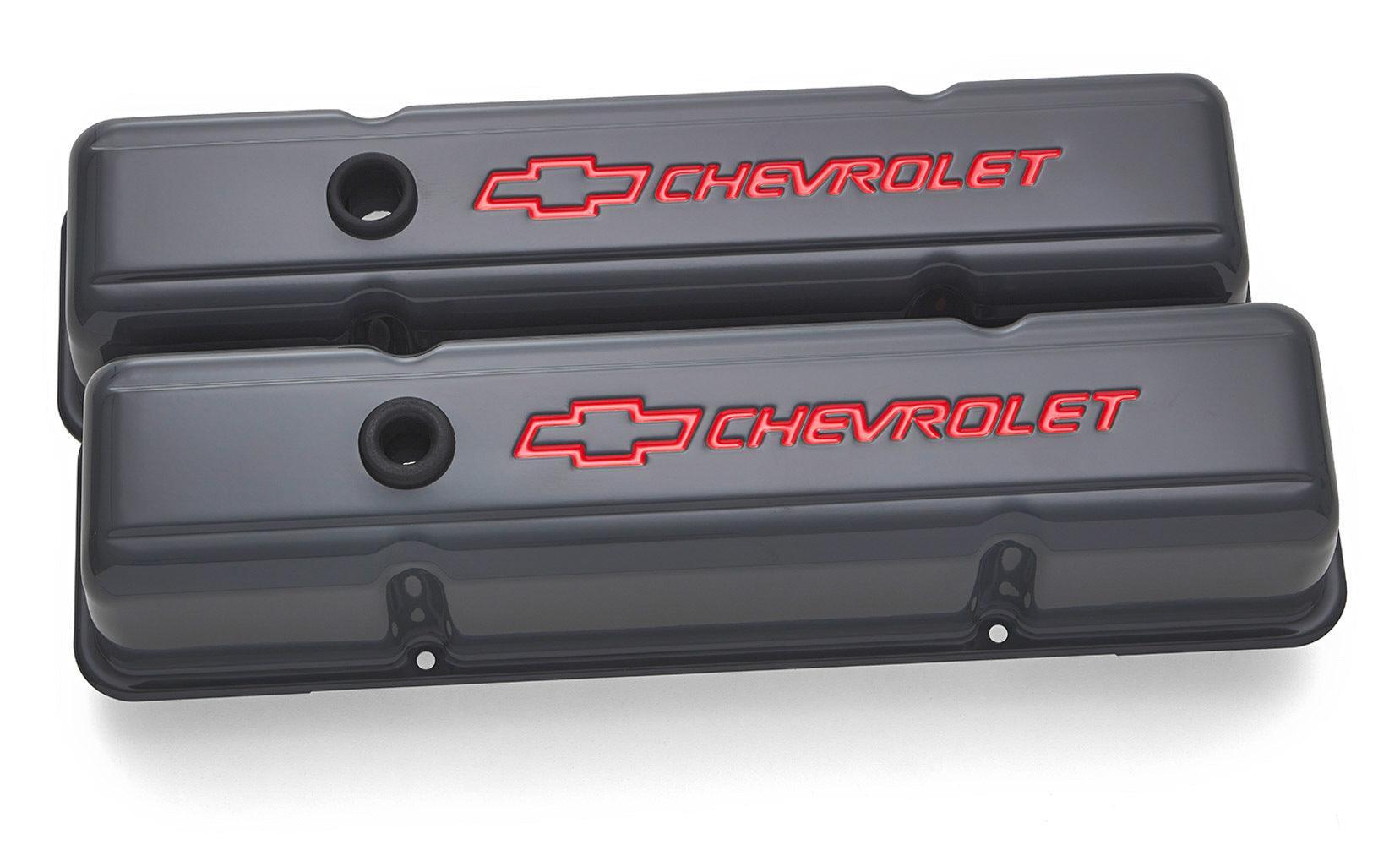 SBC Valve Covers Shark Gray w/Bowtie Logo - Burlile Performance Products